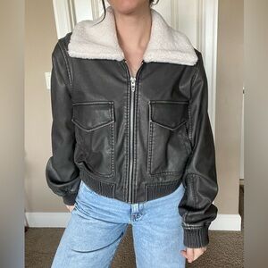 Black Faux Leather Jacket with Cream Collar